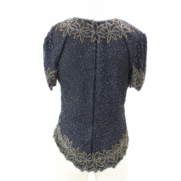 Stenay Beaded Silk Blouse Womens M Black Gold Cocktail Formal Party - Picture 5 of 12
